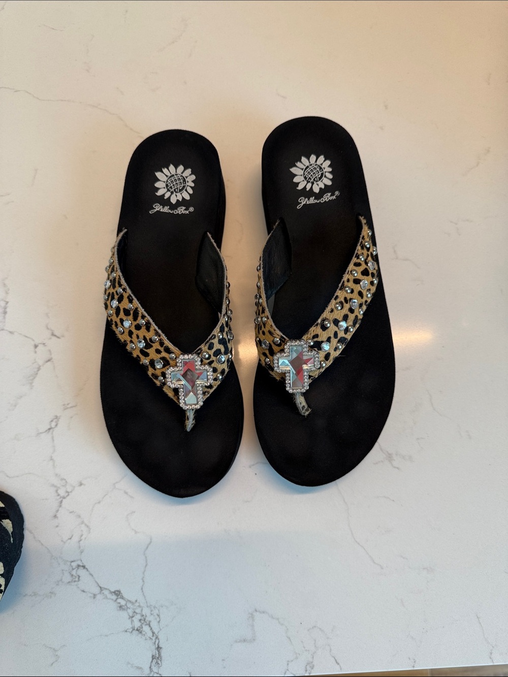 Black Flip-Flop Sandals with Leopard Straps and Cross Accent